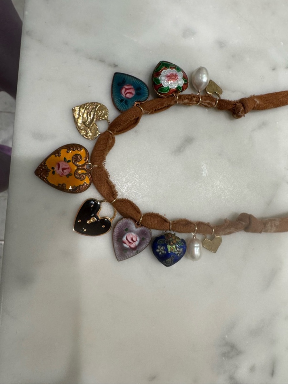 Multicolor Enamel Heart Charm Necklace with Brown Fabric Cord